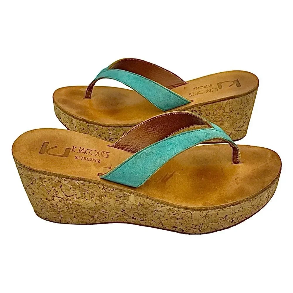 KJacques St Tropez Green Leather Cork Wedge Mule Sandals EU 38 US 7.5